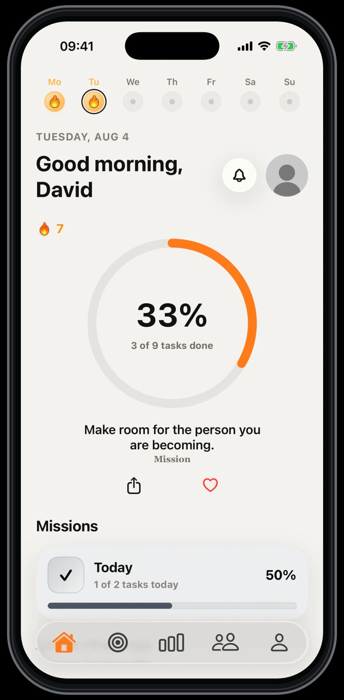 Mission dashboard in the Mission light theme