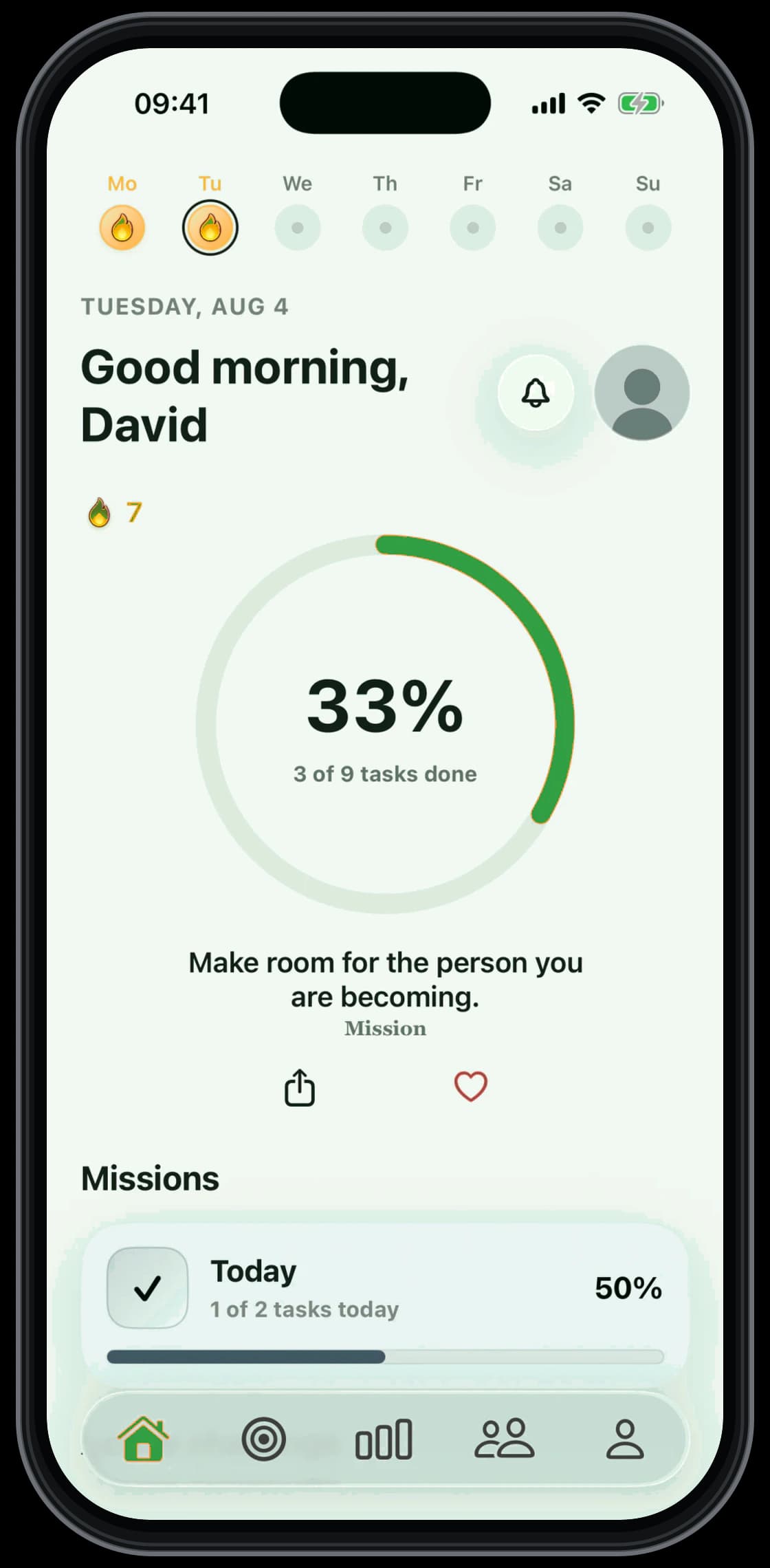 Mission dashboard in the Meadow light theme