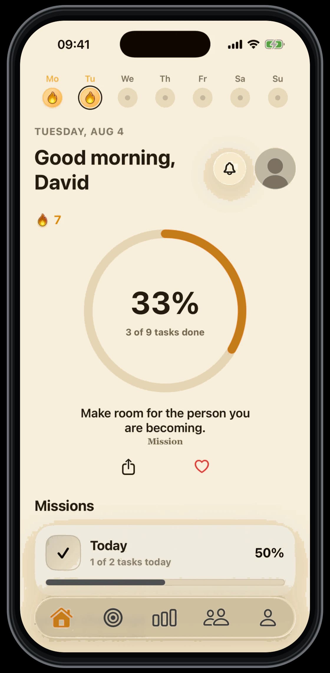 Mission dashboard in the Warm Focus light theme