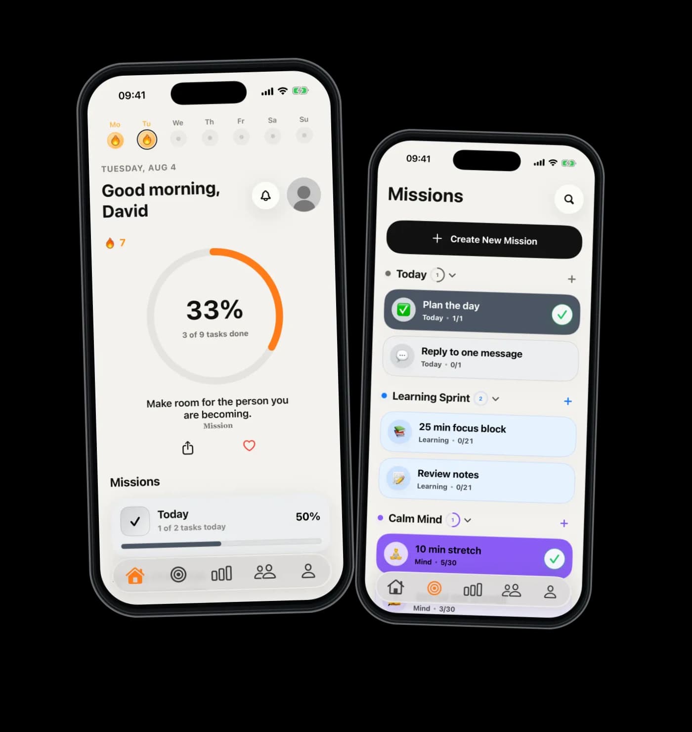 Mission dashboard and Missions screens in two overlapping graphite iPhones