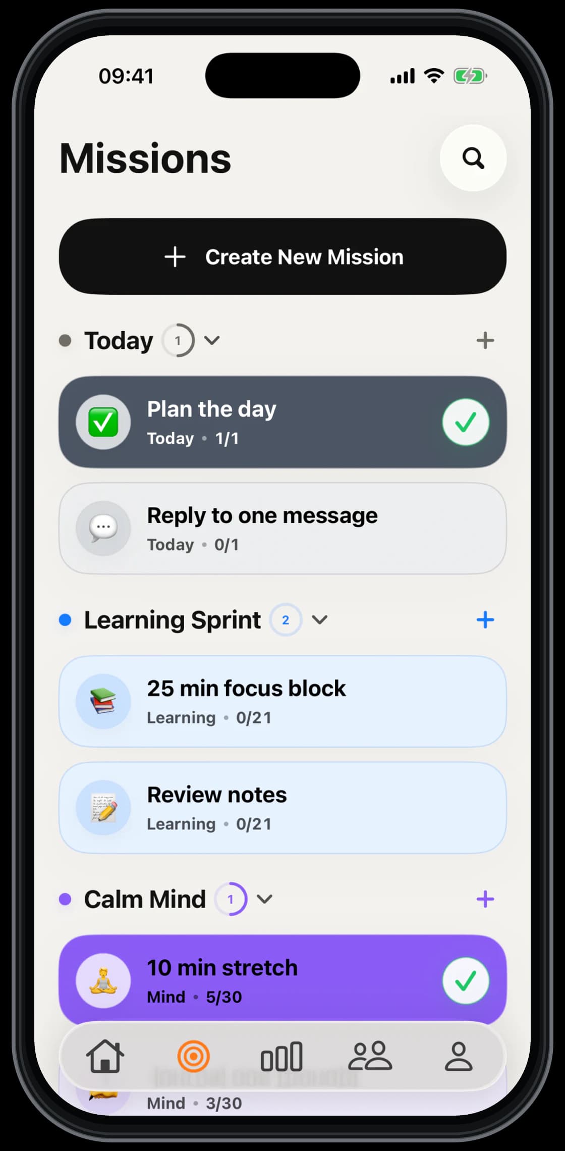 Mission for iPhone showing Today tasks and goal-based tasks